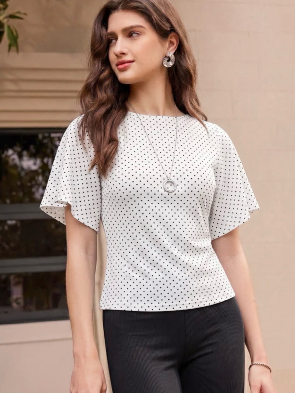 OGL SOFT STRETCH FLUTTER SLEEVES BOATNECK POLKA DOT TOP NWT
